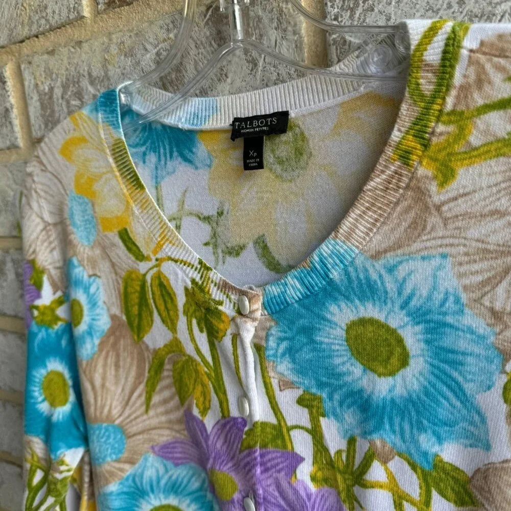 Talbots 3/4 Sleeve Floral Cardigan Sweaters Women's Size X petite.